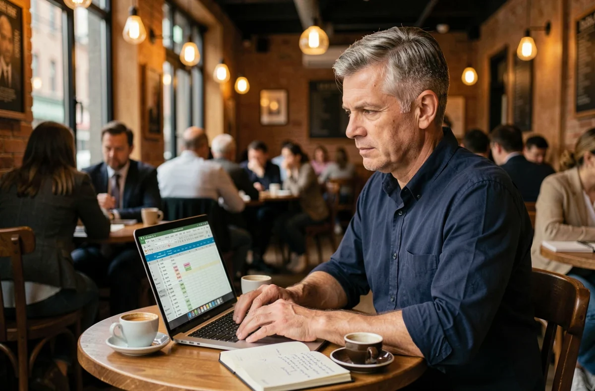 Homme consultant un tableau de calcul de taux horaire sur ordinateur portable dans un café urbain