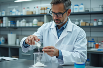 Technicien en laboratoire versant poudre CSR dans un bécher propre