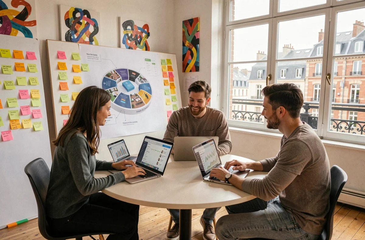 Équipe marketing digital élaborant une stratégie 360° autour de tableaux de bord numériques et de plans imprimés
