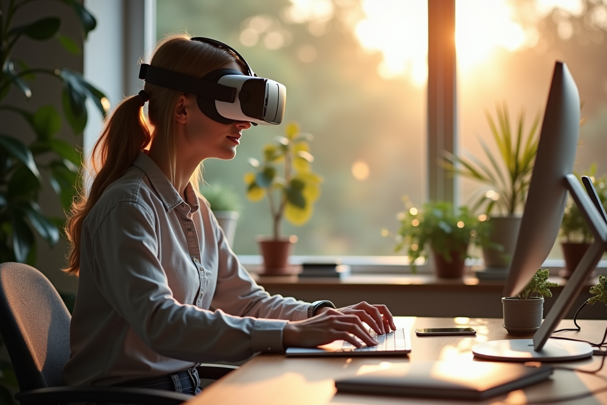 Travailleur à domicile utilisant un casque de réalité virtuelle en 2030