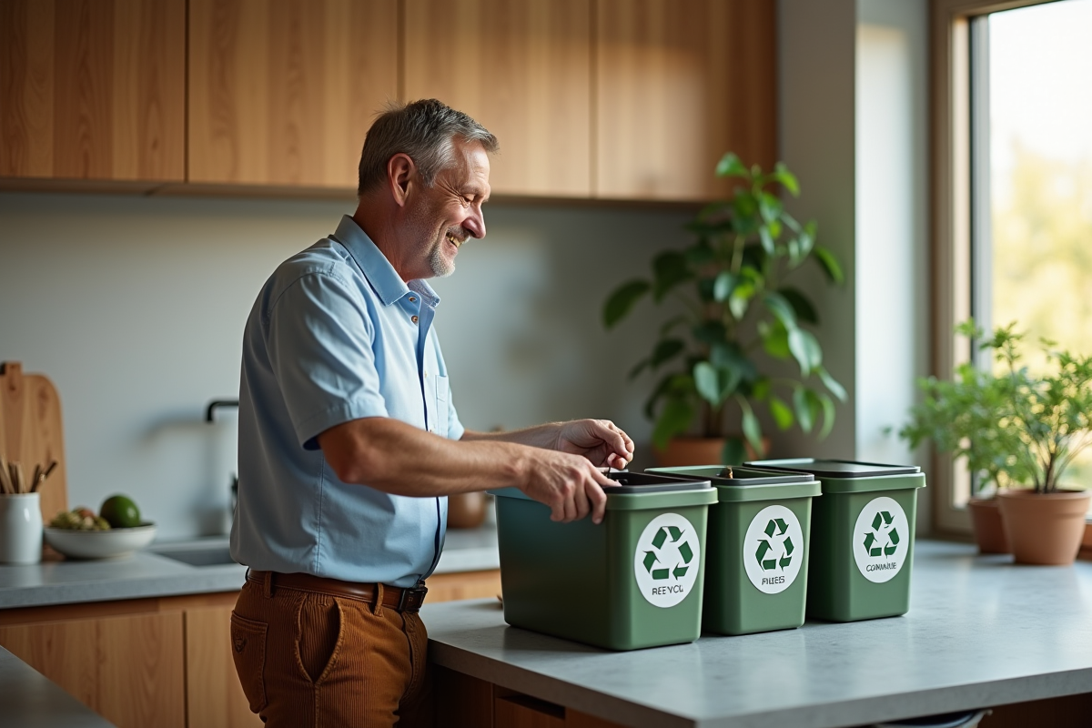 Homme triant des déchets recyclables dans une cuisine moderne