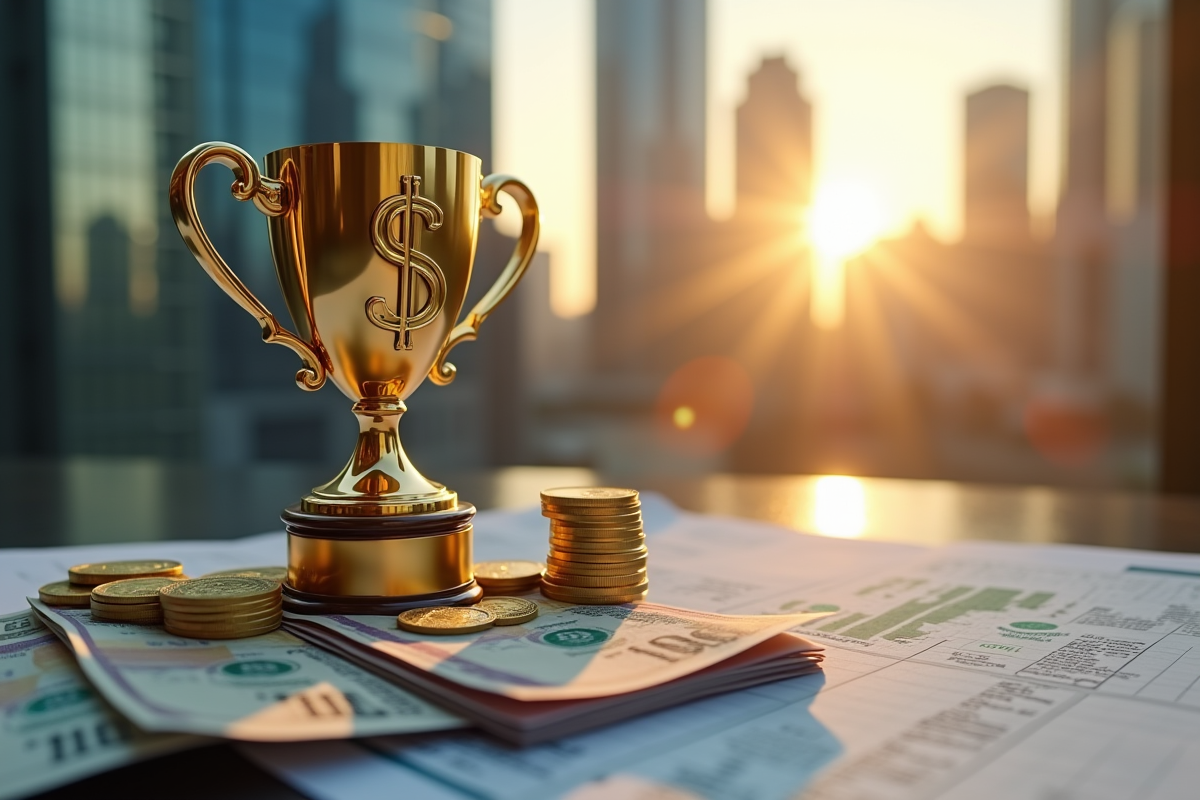 Trophée en or avec signe dollar sur fonds de devises et rapports