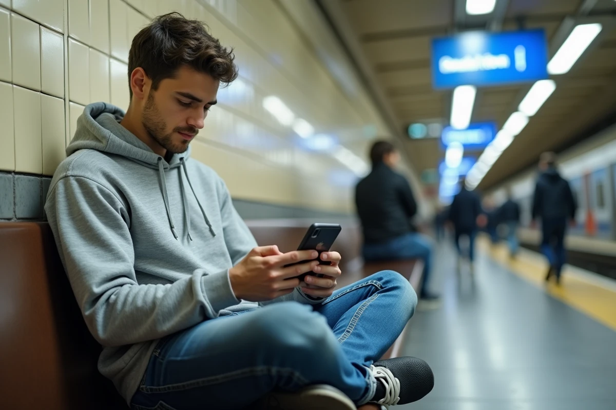 Usager consultant l'application de connexion Urban Group RATP sur son smartphone dans une station de métro
