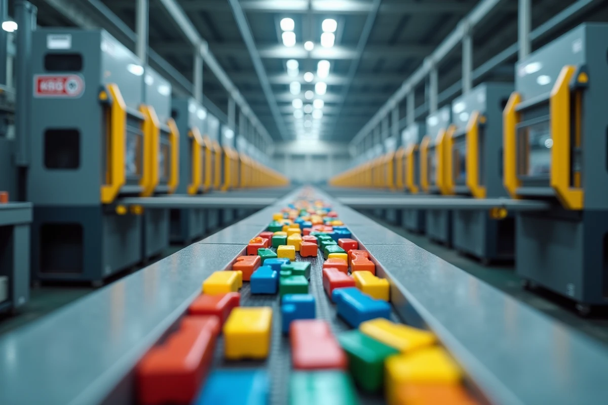 Vue grand angle de l'intérieur d'une usine Playmobil avec des machines de moulage industriel et des pièces de figurines colorées sur un convoyeur