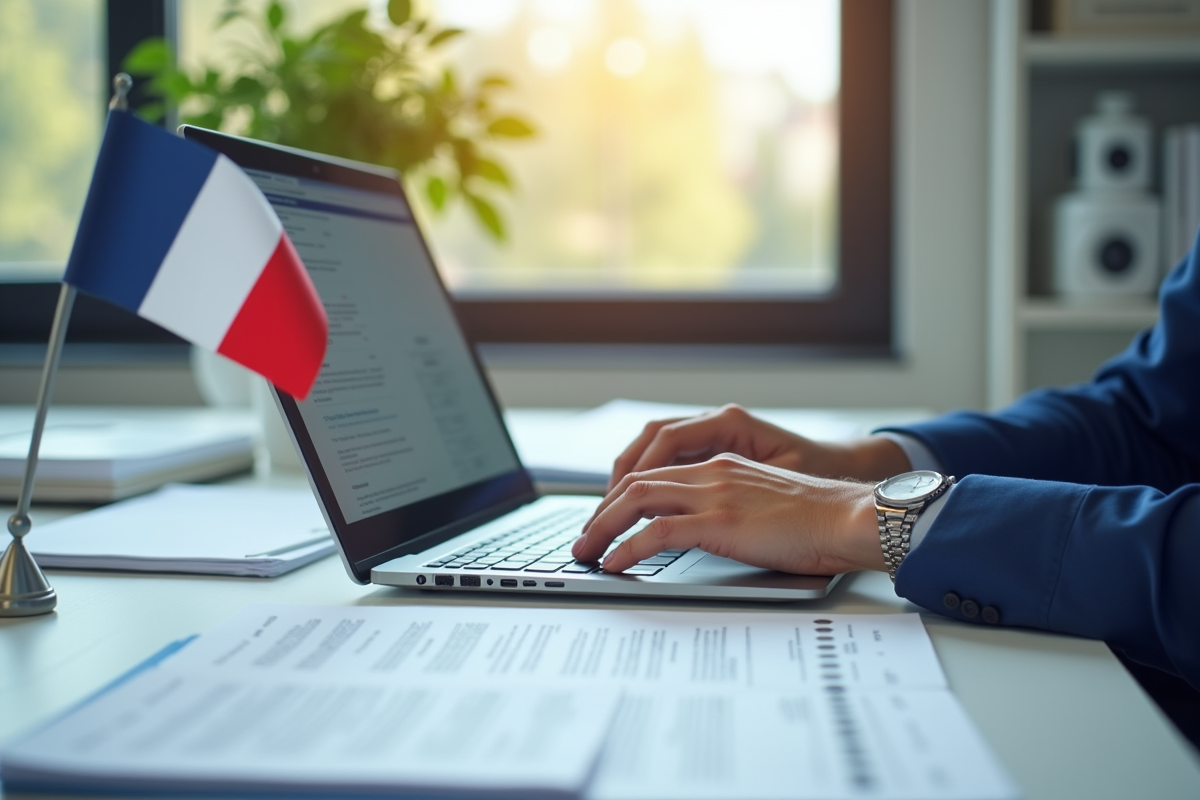 Personne utilisant un ordinateur sur un bureau lumineux avec documents officiels français