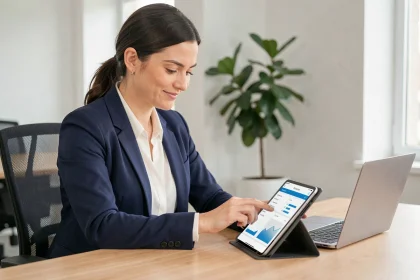 Femme professionnelle utilisant une application de gestion d'entreprise sur tablette dans un espace de coworking moderne