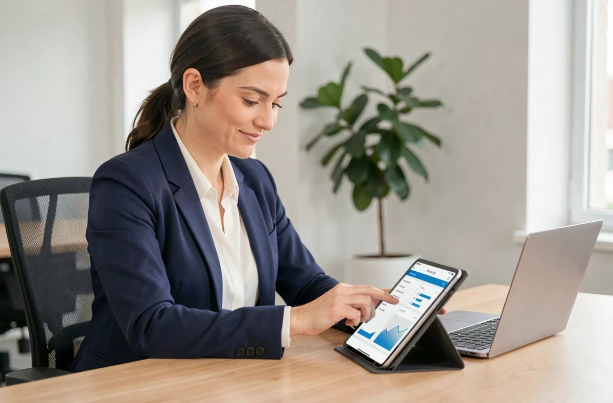Femme professionnelle utilisant une application de gestion d'entreprise sur tablette dans un espace de coworking moderne