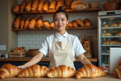 Vendeuse en boulangerie arrangeant des viennoiseries derrière le comptoir d'une boulangerie traditionnelle française