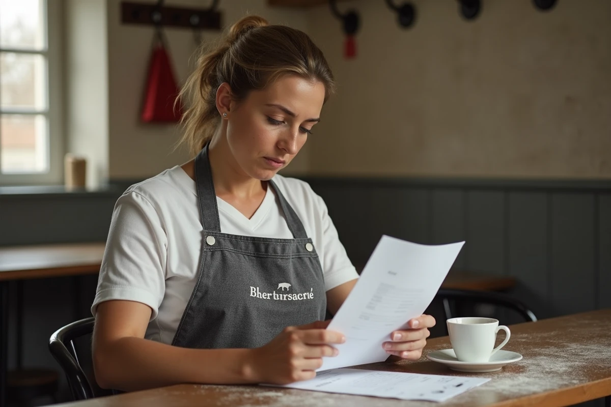 Vendeuse de boulangerie consultant sa fiche de paie lors d'une pause dans l'arrière-boutique