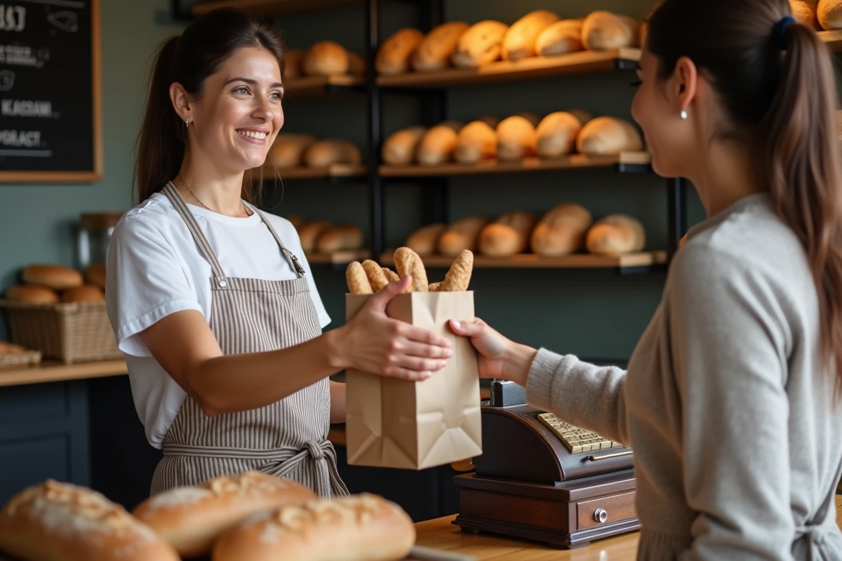 Vendeuse de boulangerie remettant une commande de pain à un client au comptoir