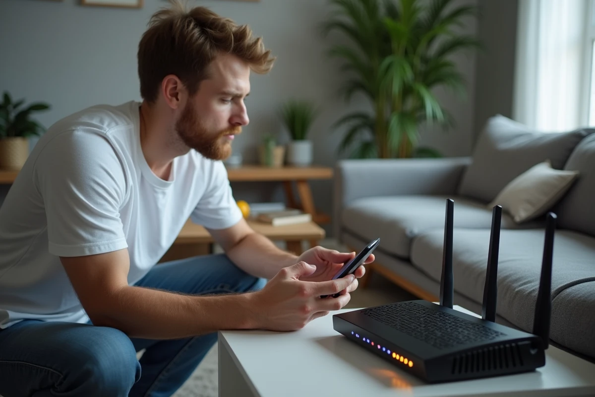 Jeune homme vérifiant les voyants de sa box internet lors d'un diagnostic de problème de connexion à domicile