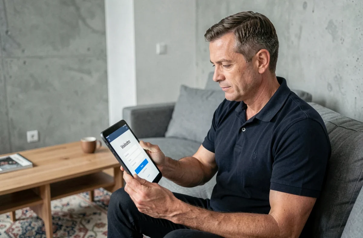 Homme vérifiant la connexion à son espace habillement en ligne depuis son salon avec une tablette