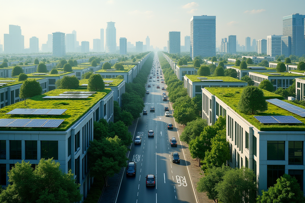 Ville durable avec toits verts et panneaux solaires impact positif